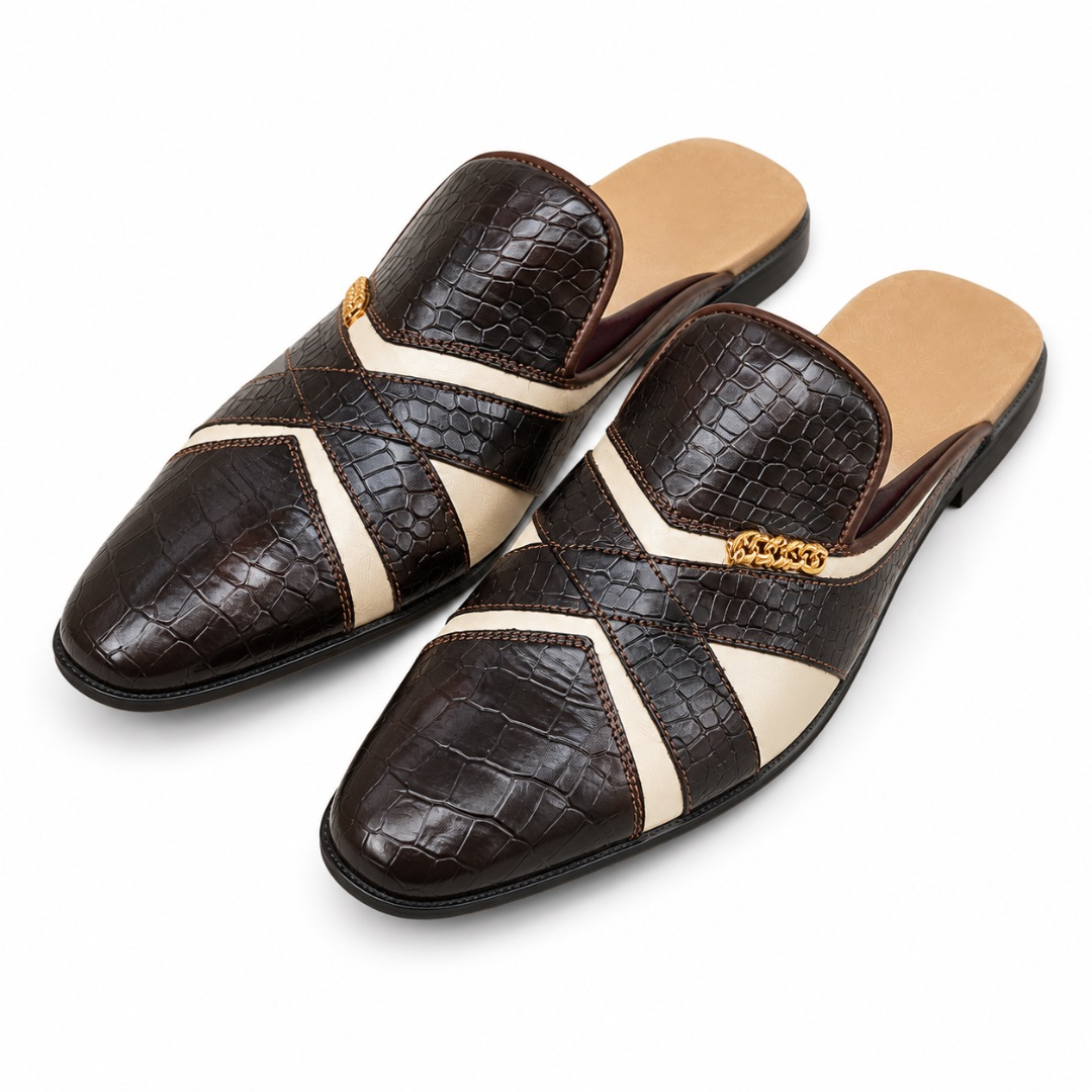 Croc Texture Cross Strap Slip On Mule Loafers     Brown and Cream