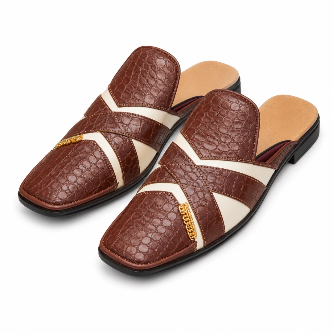 Croc Texture Cross Strap Slip On Mule Loafers       Chestnut Brown and Cream