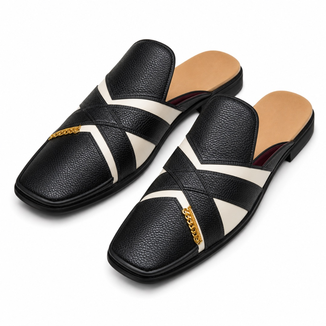 Textured Cross Strap Slip On Mule Loafers      Black and Cream