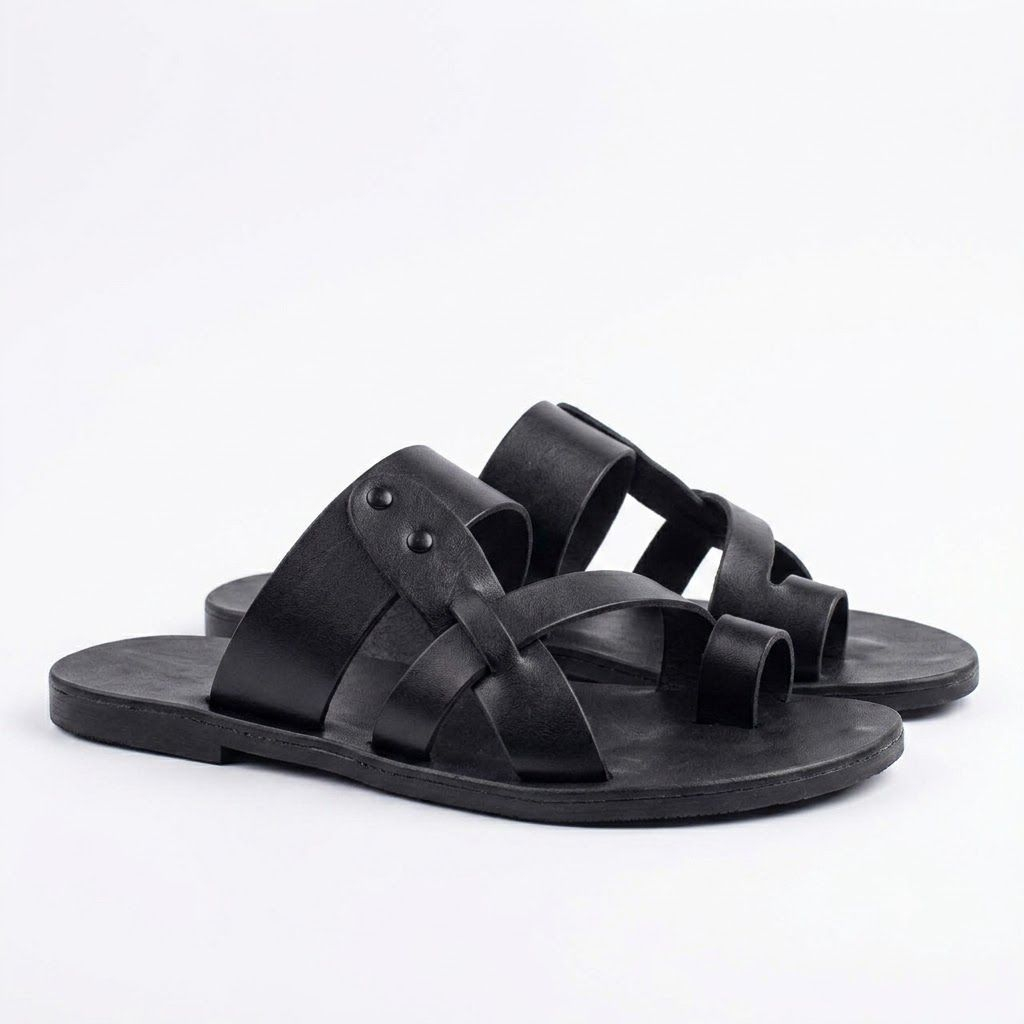 Mens Black Toe Loop Comfort Sandals
