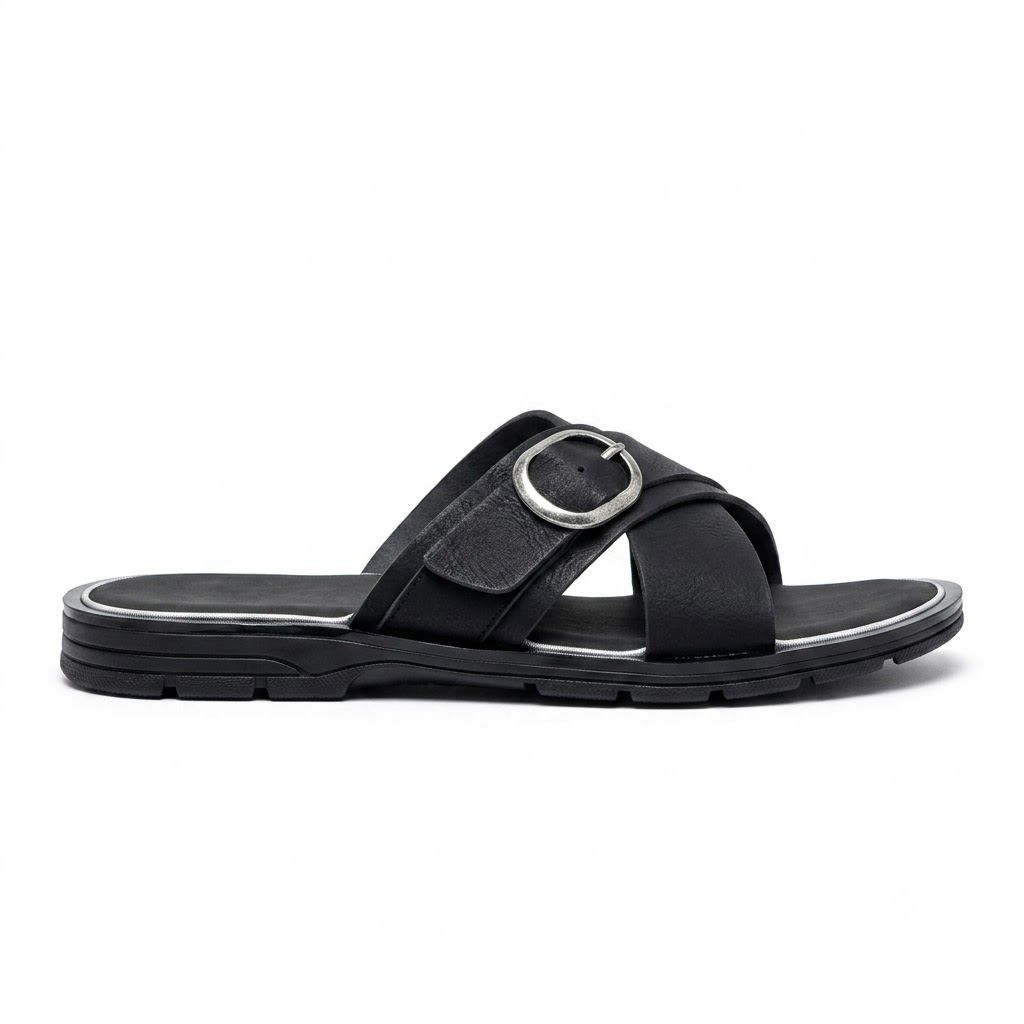 Black Cross Strap Comfort Slide Sandals