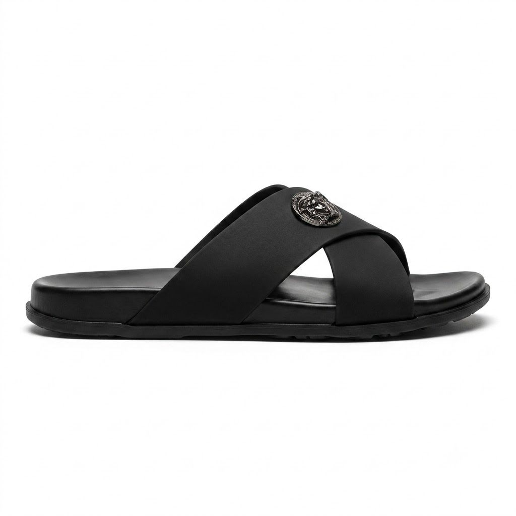 Men Onyx Crest Cross Strap Slides