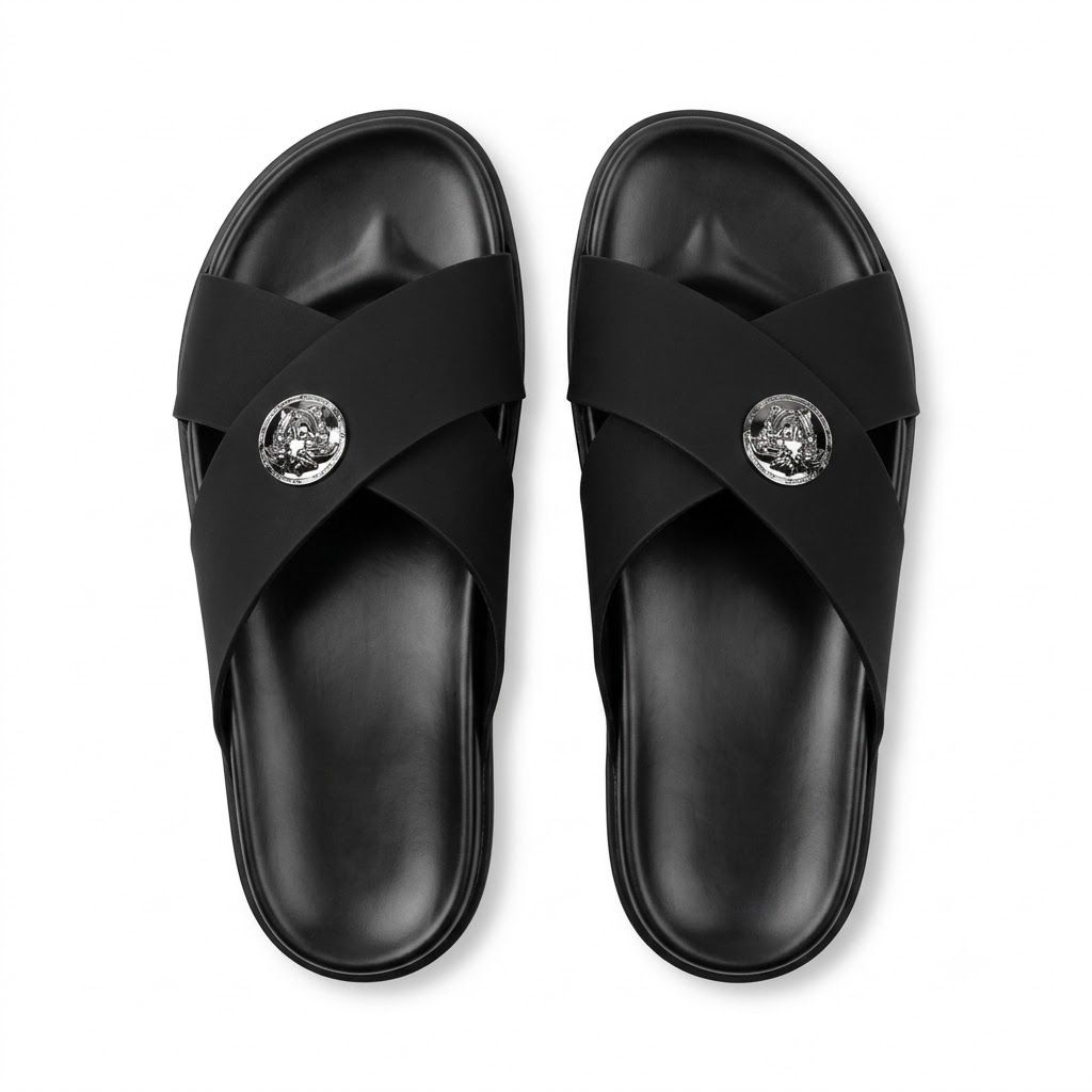Men Onyx Crest Cross Strap Slides