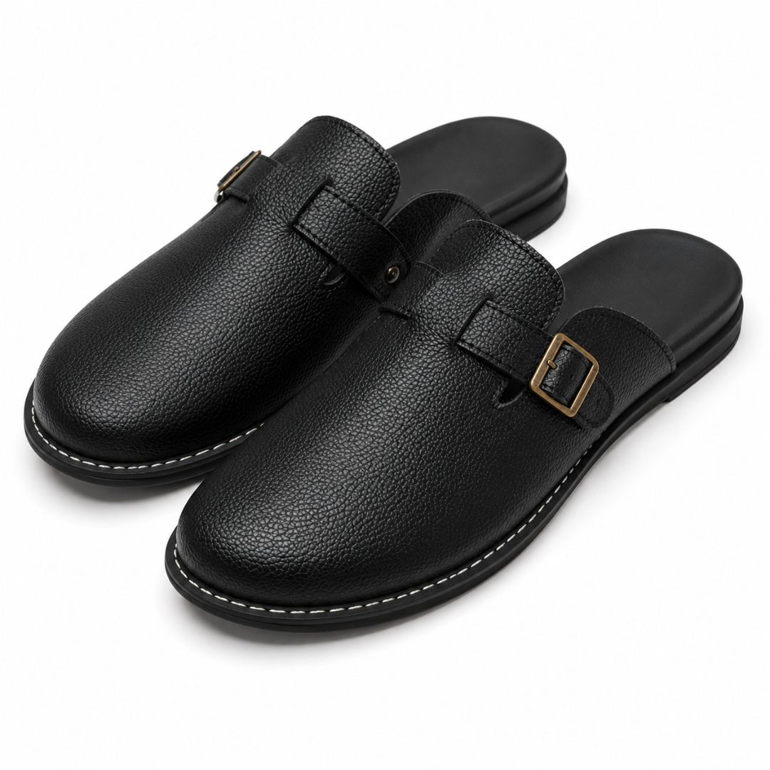 Noir Stride Buckled Closed Toe Mule Slippers Black