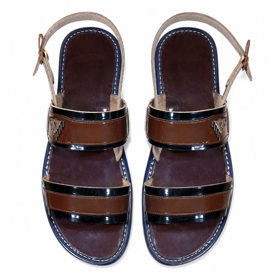 Mens Brown Double Strap Ankle Buckle Flat Leather Sandals