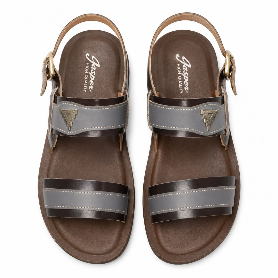 Mens Dual Tone Leather Strap Casual Sandals with Adjustable Ankle Buckle