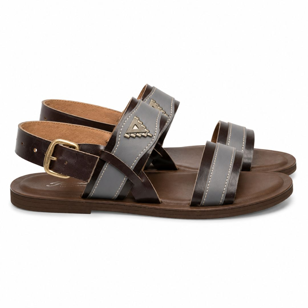 Mens Dual Tone Leather Strap Casual Sandals with Adjustable Ankle Buckle