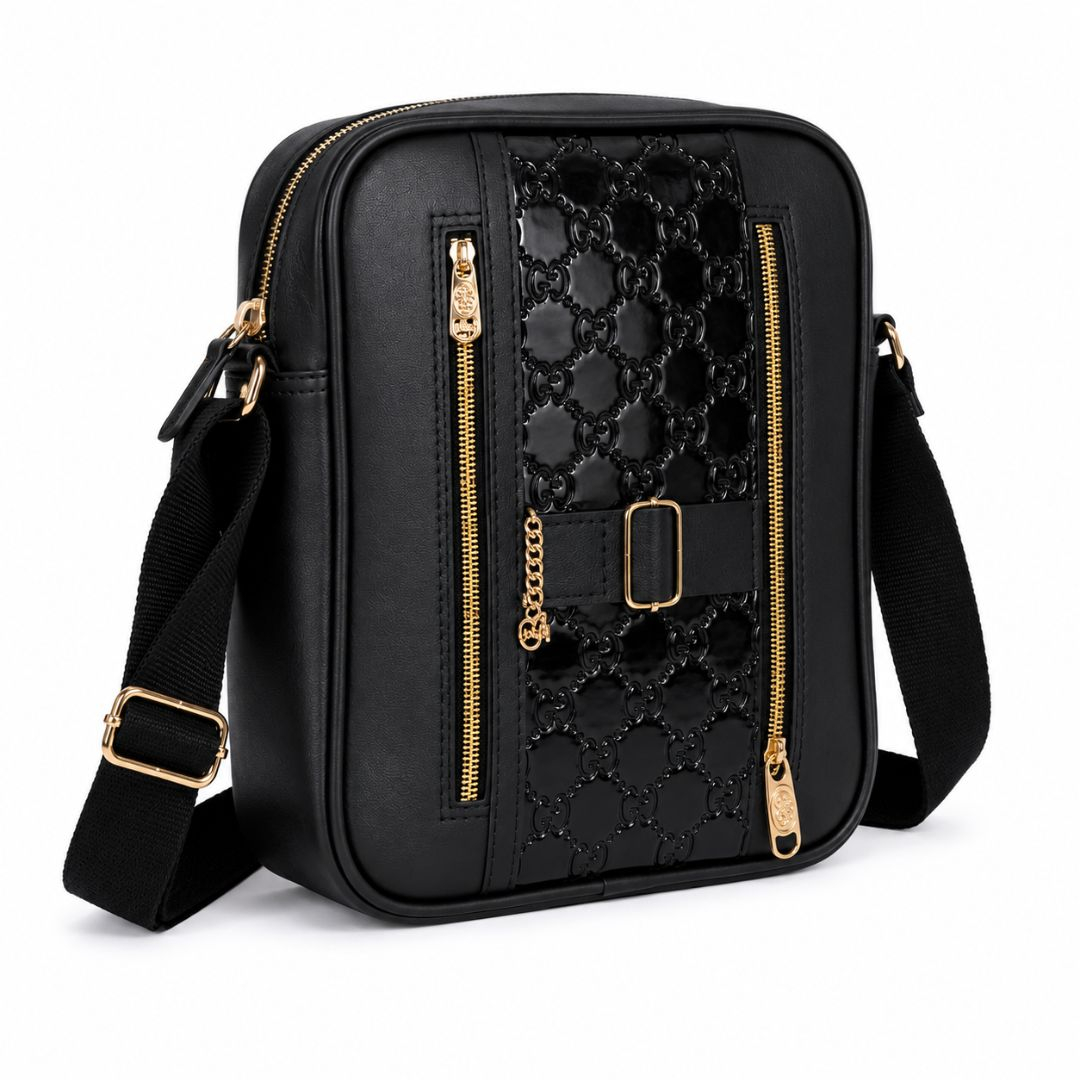 Classic Black Crossbody Messenger Bag with Dual Front Zip Pockets