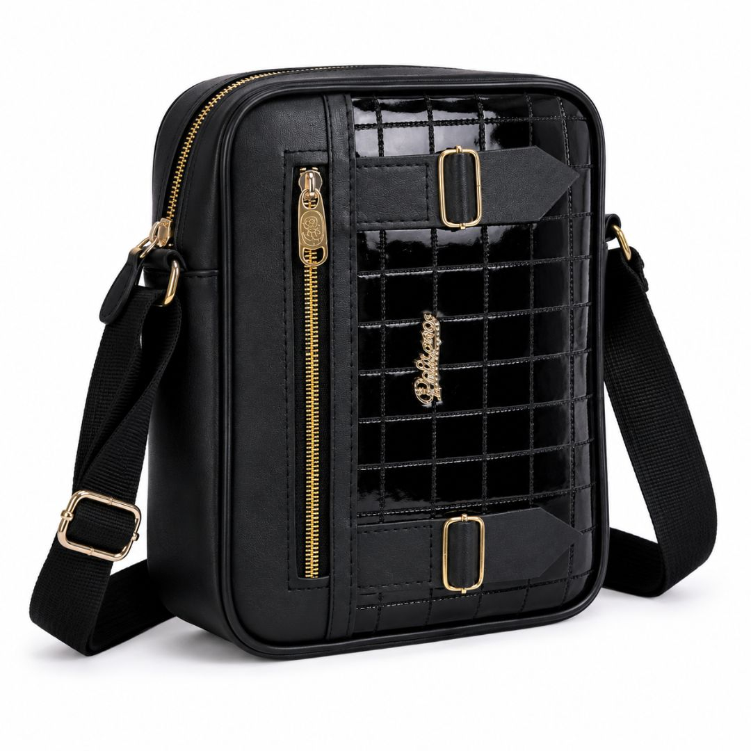 Classic Black Crossbody Messenger Bag with Glossy Checkered Front Panel