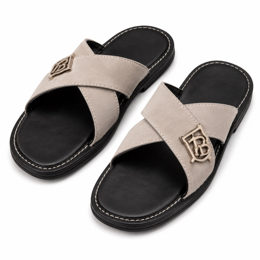 Luxury Cross Strap Slide Sandals with Metal Accent     Beige