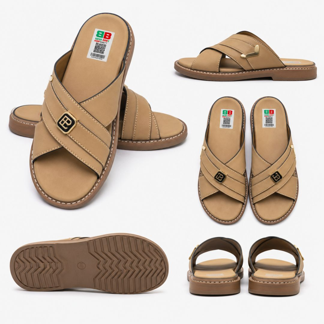 Mens Classic Beige Cross Strap Slide Sandals with Decorative Buckle Accent