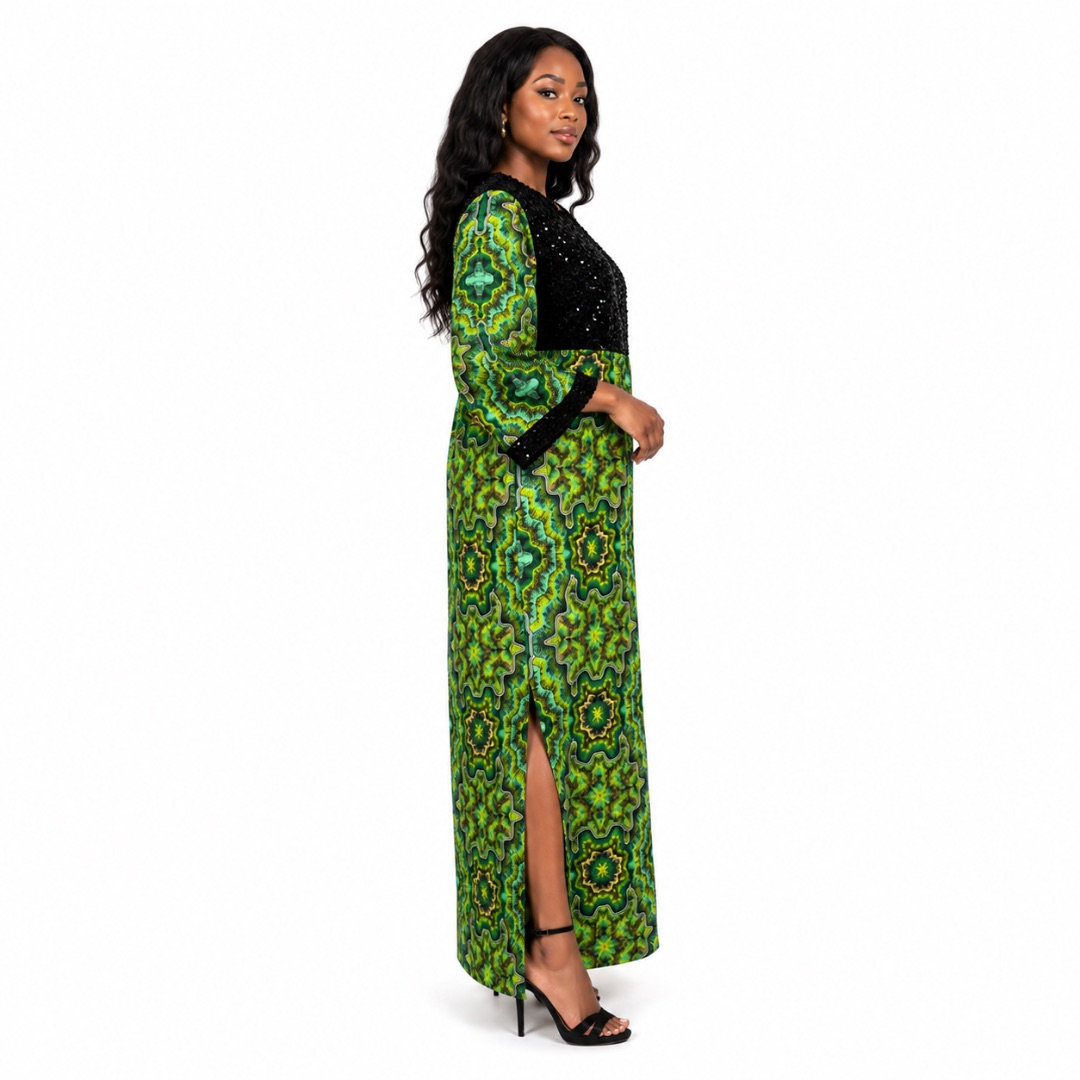 Green Abstract Print Kaftan Dress with  Sequin Bodice