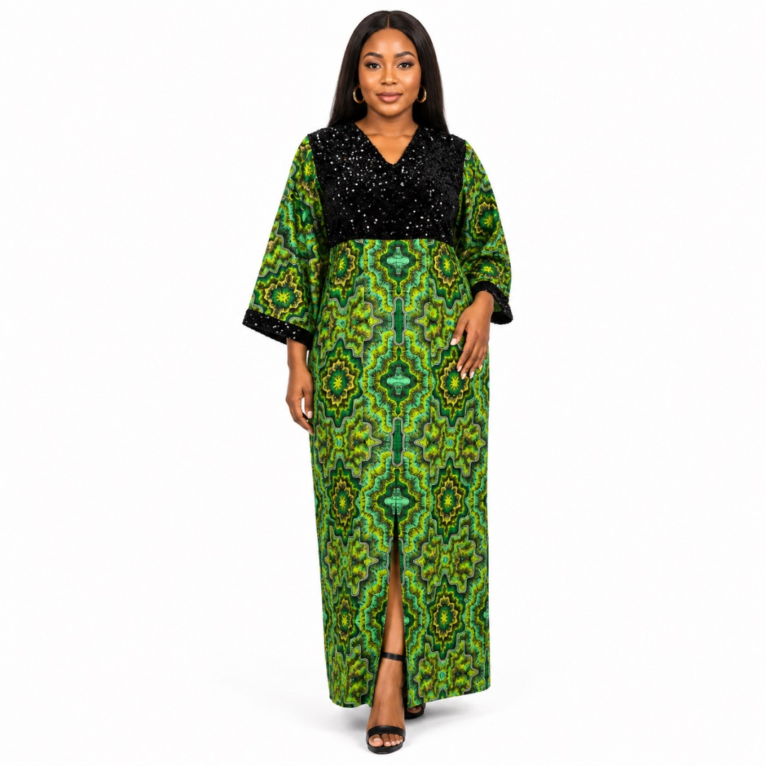 Green Abstract Print Kaftan Dress with  Sequin Bodice