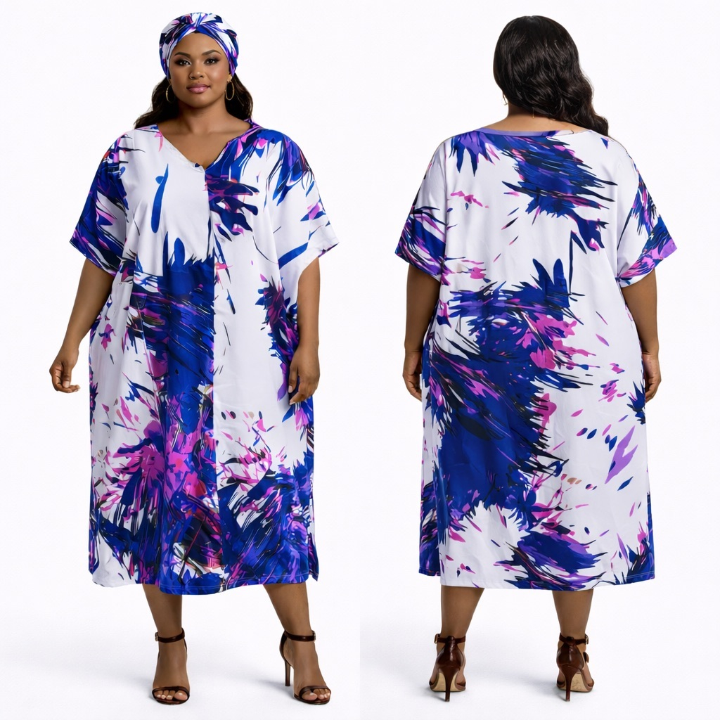 Abstract Brushstroke Print Kaftan Dress  with   High Neck Detail