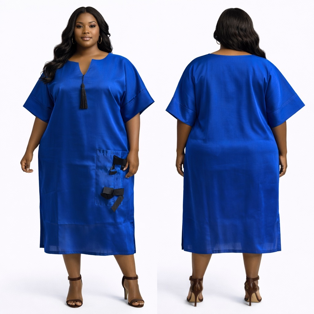 Royal Blue Midi Kaftan  Dress with  Tassel Neckline