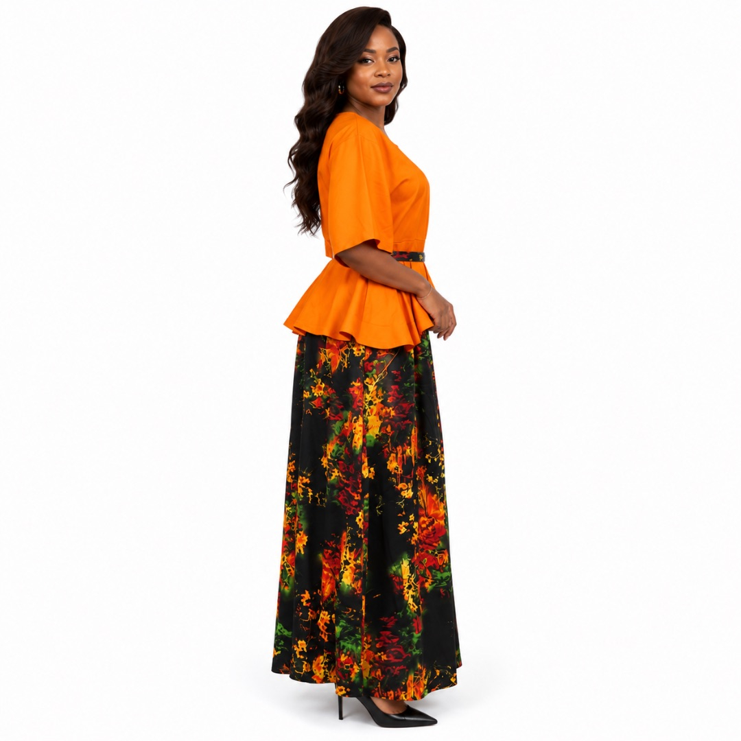 Orange Peplum Top  and Abstract Print  Maxi Skirt Set