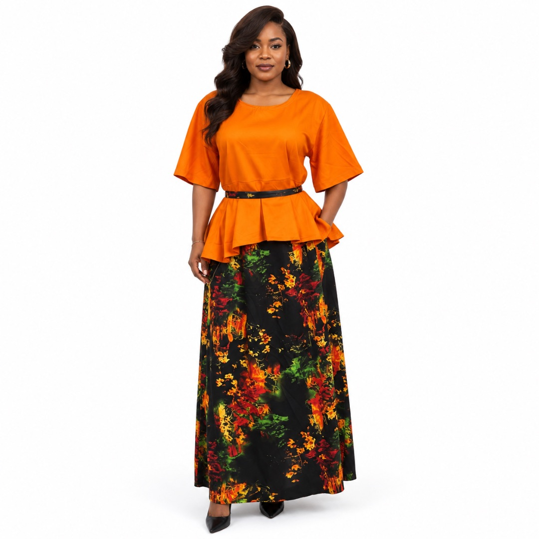 Orange Peplum Top  and Abstract Print  Maxi Skirt Set