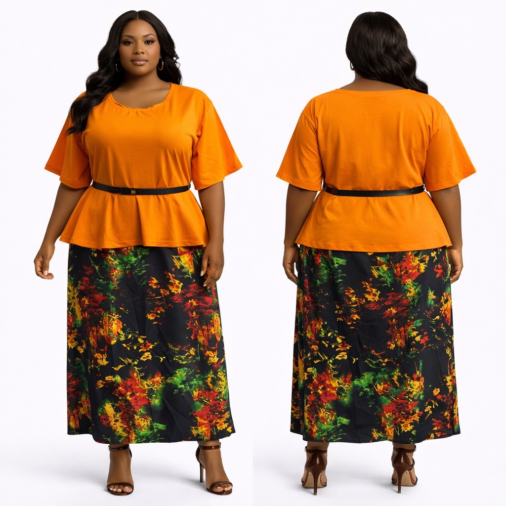 Orange Peplum Top  and Abstract Print  Maxi Skirt Set