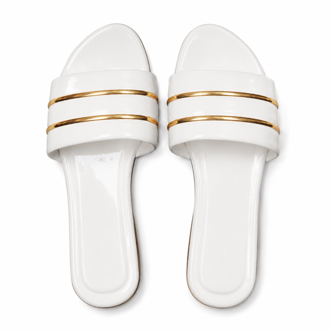 Womens Gold Accent Slip On Flat Sandals    White