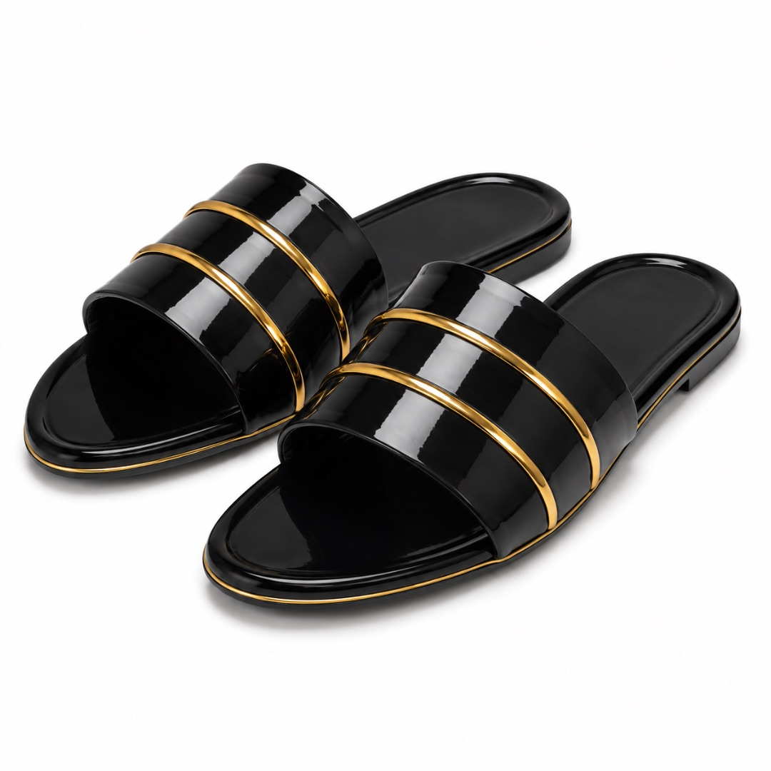 Womens Glossy Black Flat Slide Sandals  with  Gold Bar Detail