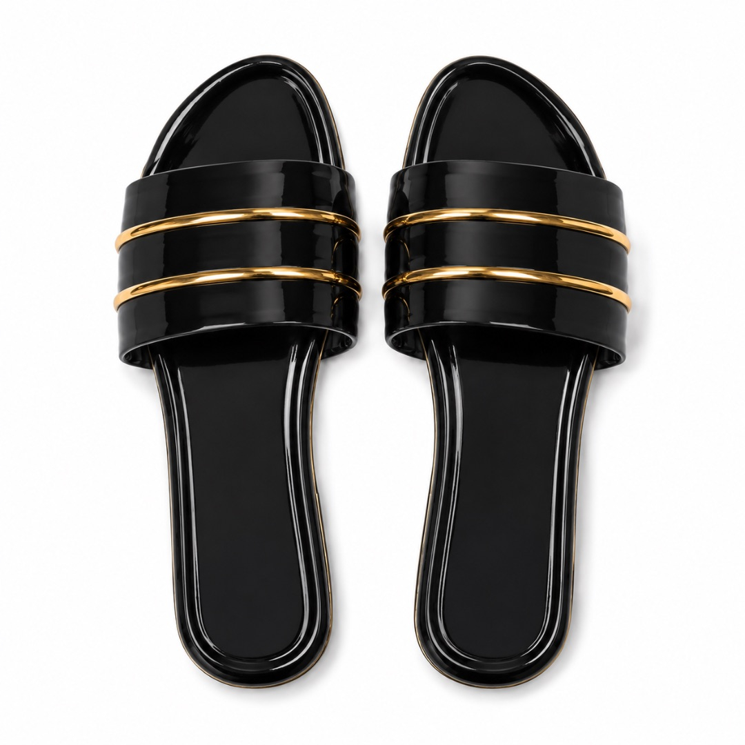 Womens Glossy Black Flat Slide Sandals  with  Gold Bar Detail