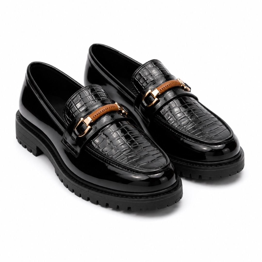 Mens Crocodile Embossed Platform Penny Loafers