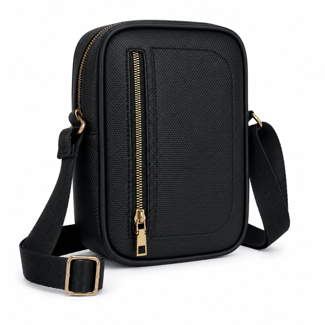Classic Black Crossbody Messenger Bag with Front Zip Pocket