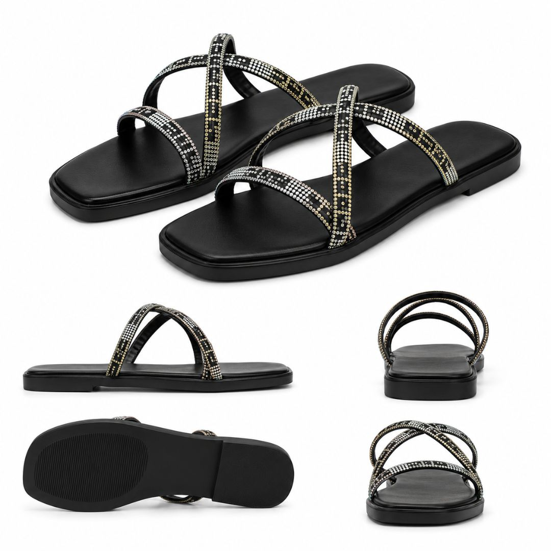 Womens Luxury Rhinestone Cross Strap Flat Slide Slippers (Black)