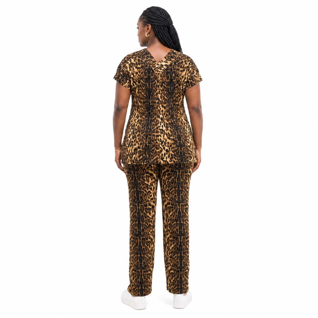 Two Piece Leopard Print Button Down Shirt and Ankle Length Pants