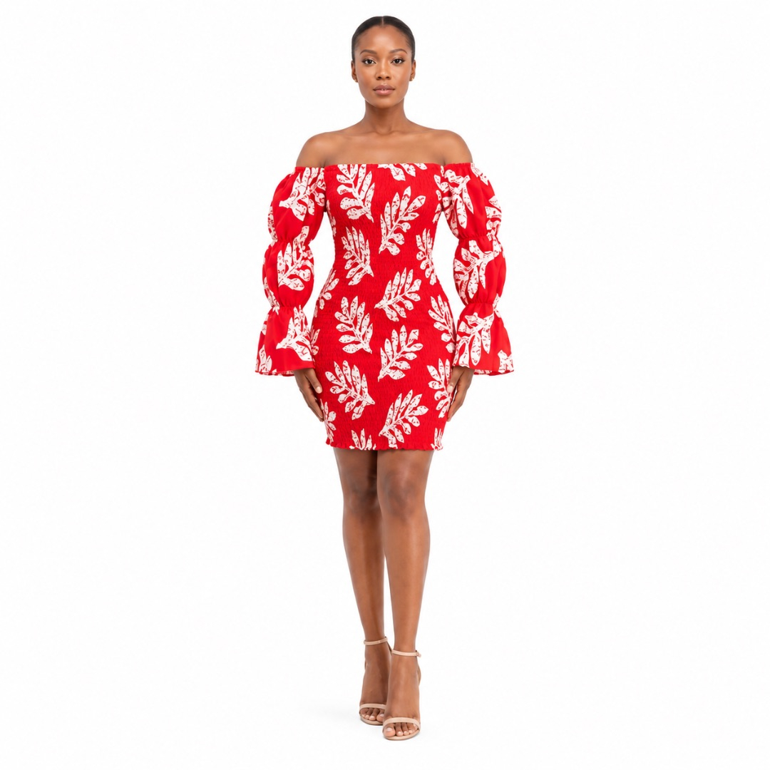 Stylish Off Shoulder Red Dress with White Leaf Patterns