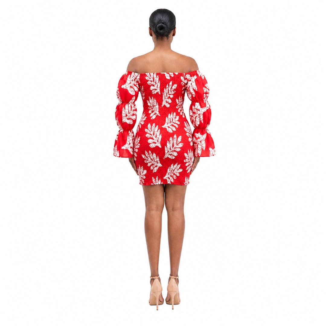 Stylish Off Shoulder Red Dress with White Leaf Patterns