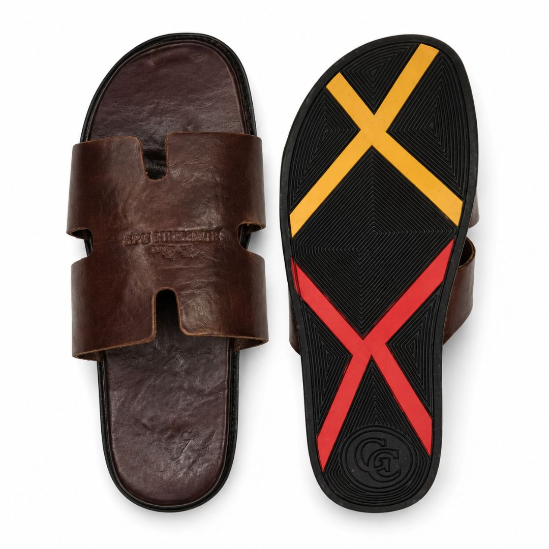 Mens Premium Brown Leather Slide Sandals
