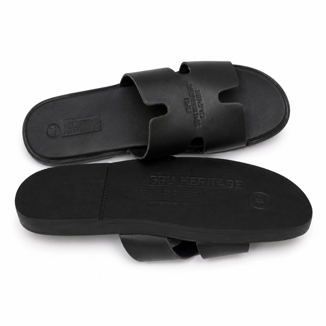 Mens Premium Black Leather Slide Sandals