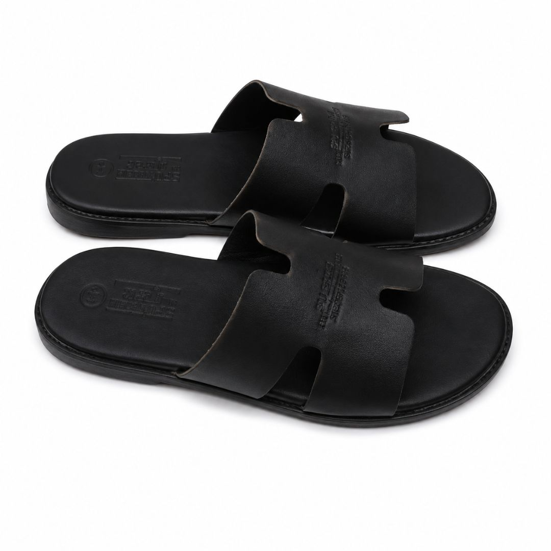Mens Premium Black Leather Slide Sandals