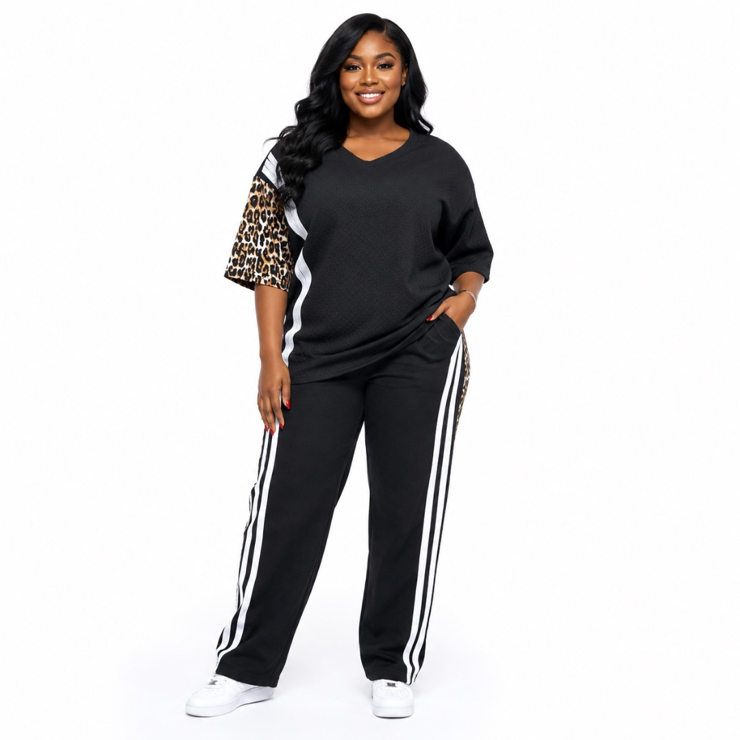 Womens Premium Black Textured Two Piece Casual Outfit with Leopard Print Sleeve