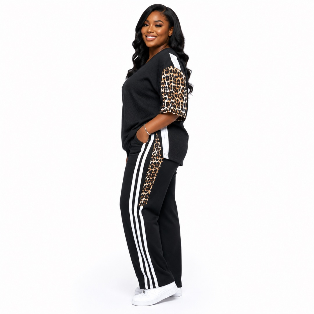 Womens Premium Black Textured Two Piece Casual Outfit with Leopard Print Sleeve