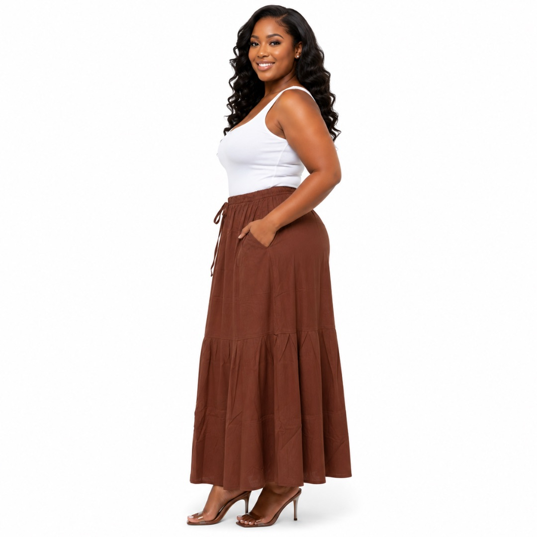 Womens Premium Chocolate Brown Elastic Waist Maxi Skirt