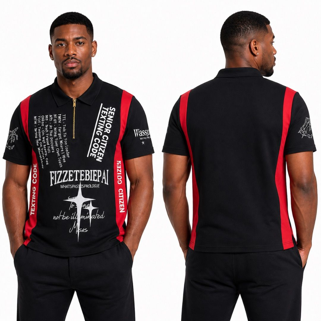 Mens Graphic Print Short Sleeve Zip Polo Shirt