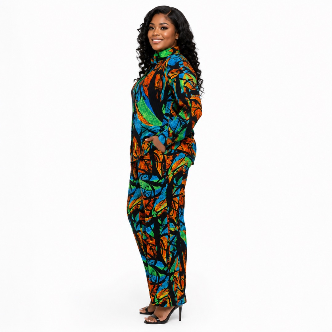Womens Premium Multicolor Abstract Print Two Piece Casual Set