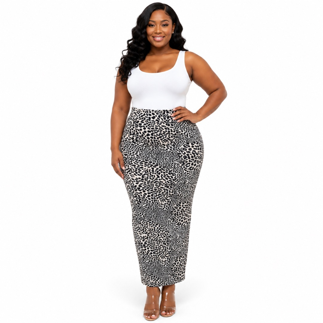 Womens Premium Black and White Animal Print Maxi Pencil Skirt