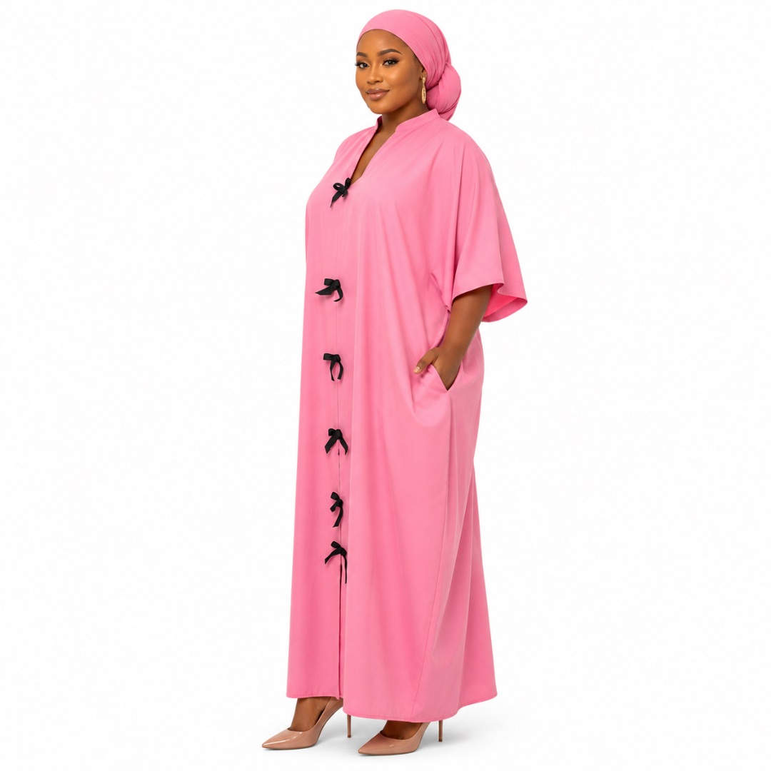 Womens Premium Pink Maxi Kaftan Dress with Attached Headscarf