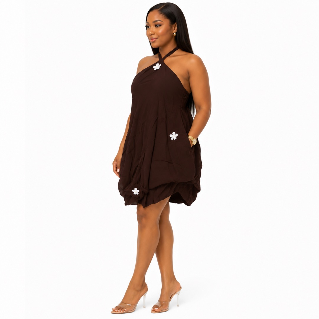 Womens Premium Chocolate Brown Floral Halter Mini Dress