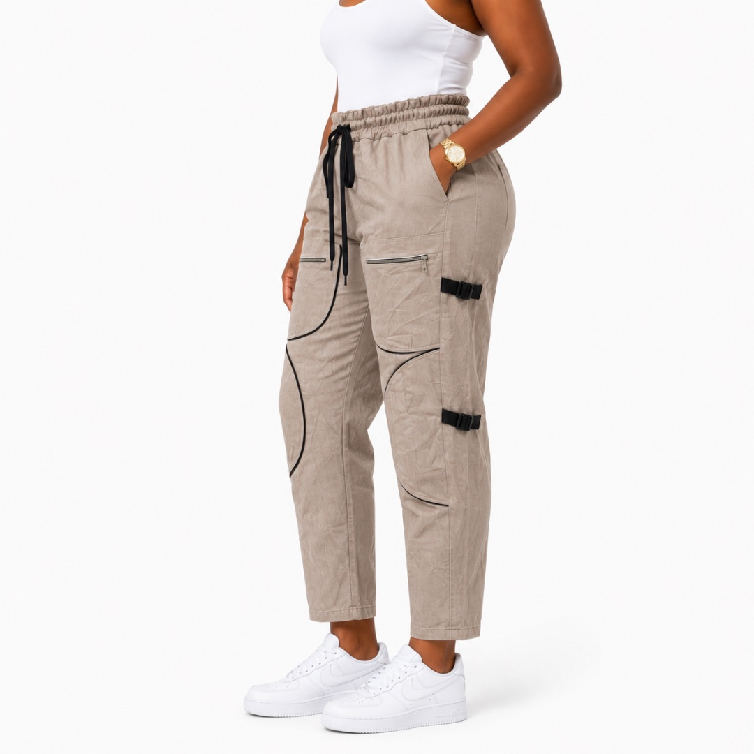 Womens Premium Khaki Cargo Jogger Pants with Utility Pockets