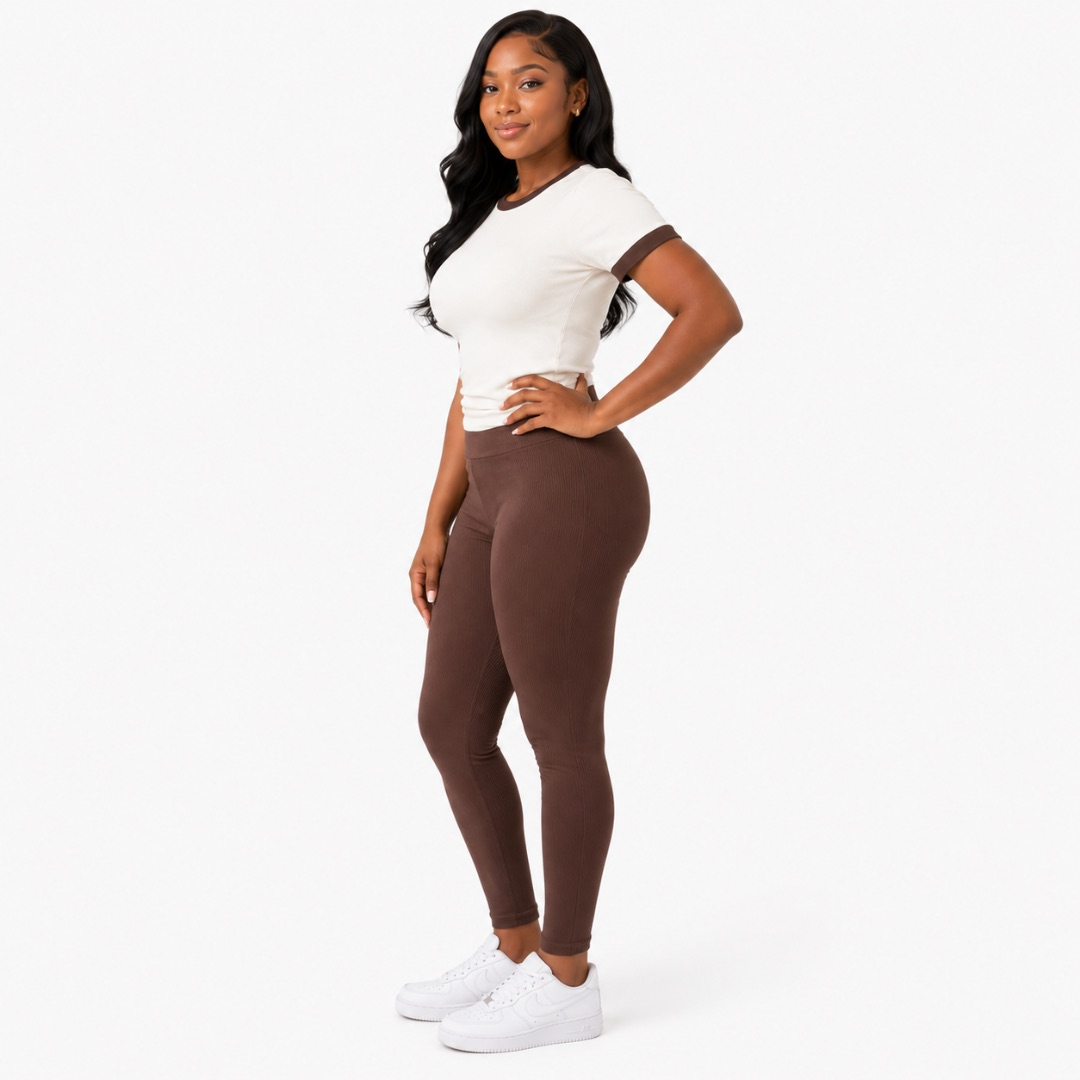 Womens Premium White and Brown Ribbed Two Piece Lounge Set