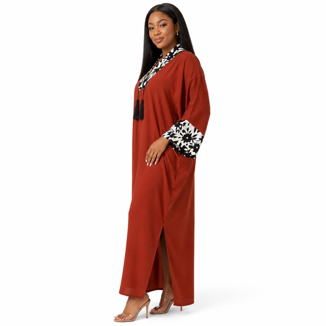 Womens Premium Rust Brown Floral Contrast Kaftan Maxi Dress