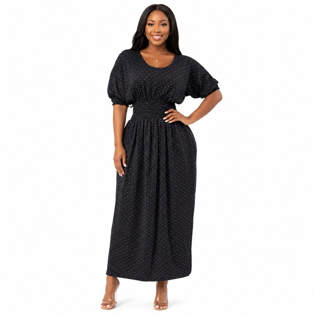 Womens Premium Black Rhinestone Smocked Maxi Dress