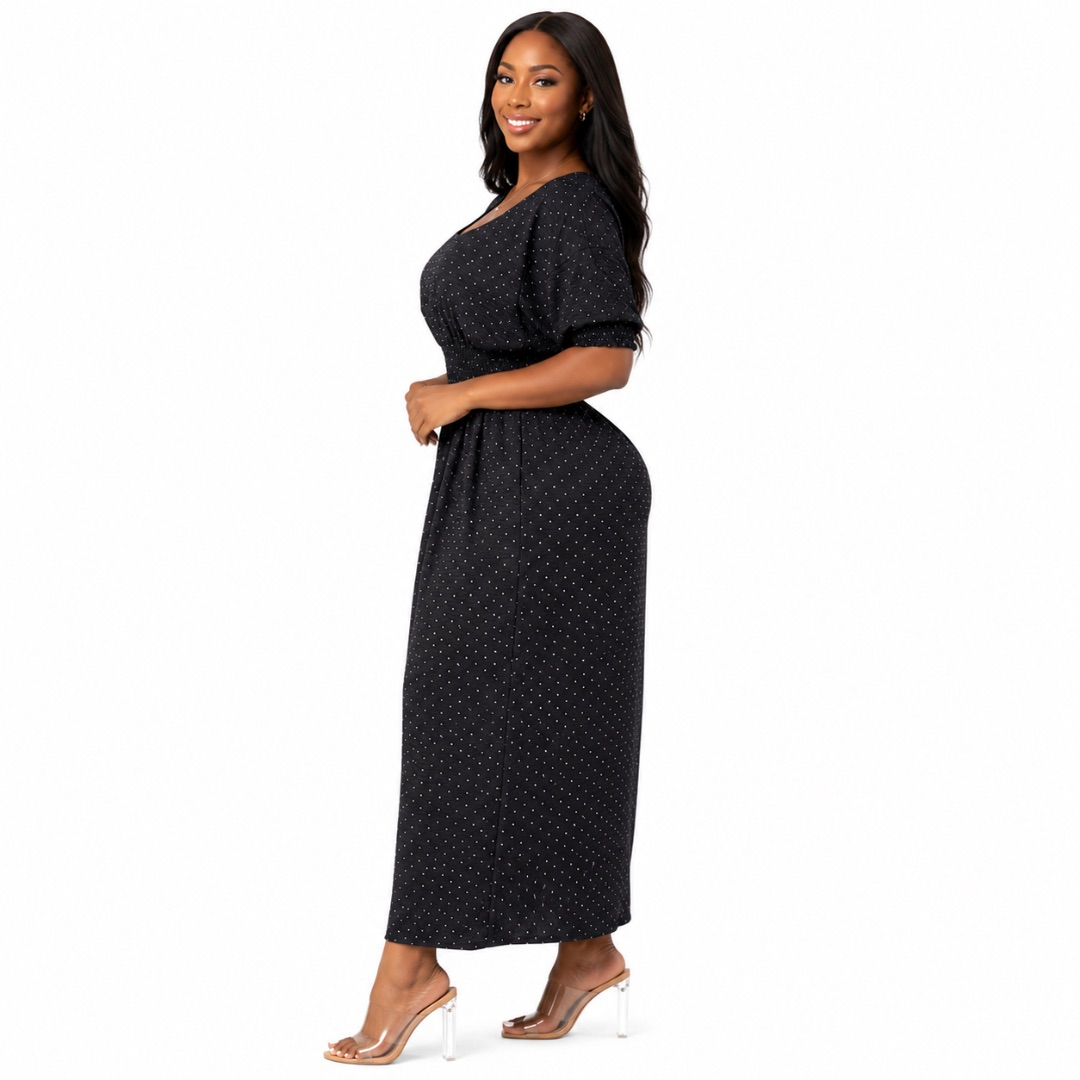 Womens Premium Black Rhinestone Smocked Maxi Dress
