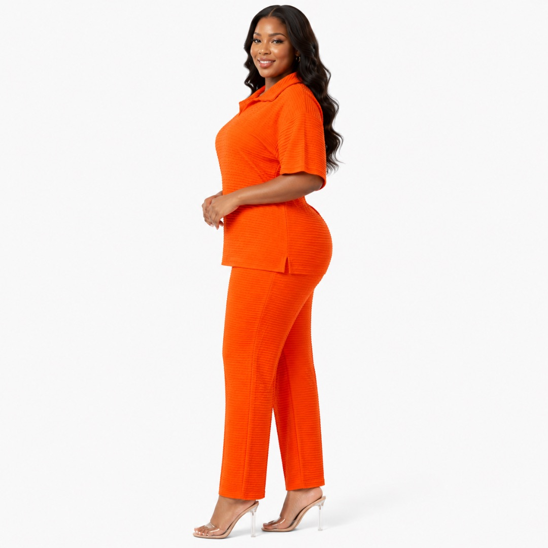 Womens Premium Orange Textured Two Piece Lounge Set