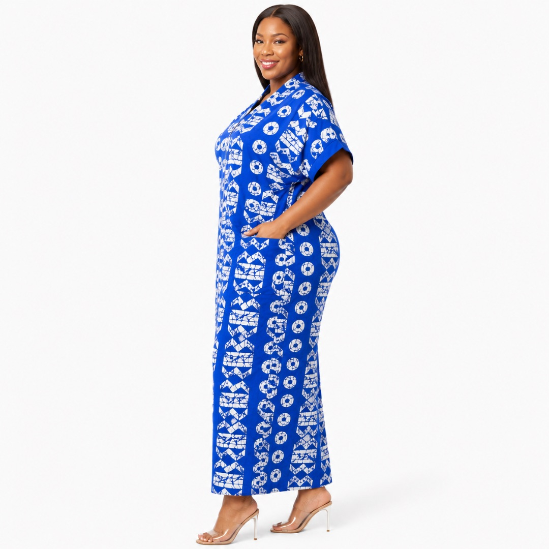 Womens Premium Royal Blue Abstract Print Zip Up Kaftan Dress