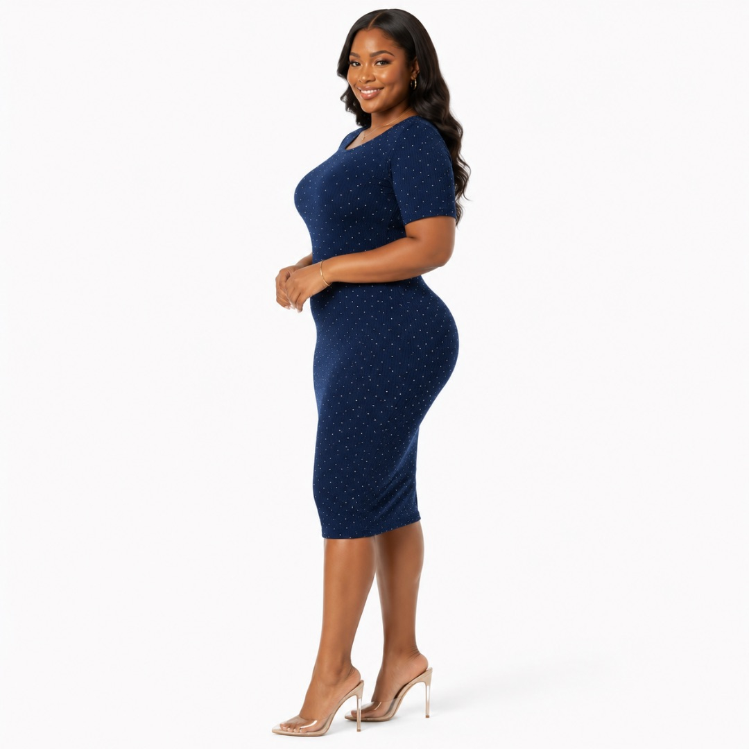Womens Premium Navy Blue Rhinestone Bodycon Mini Dress